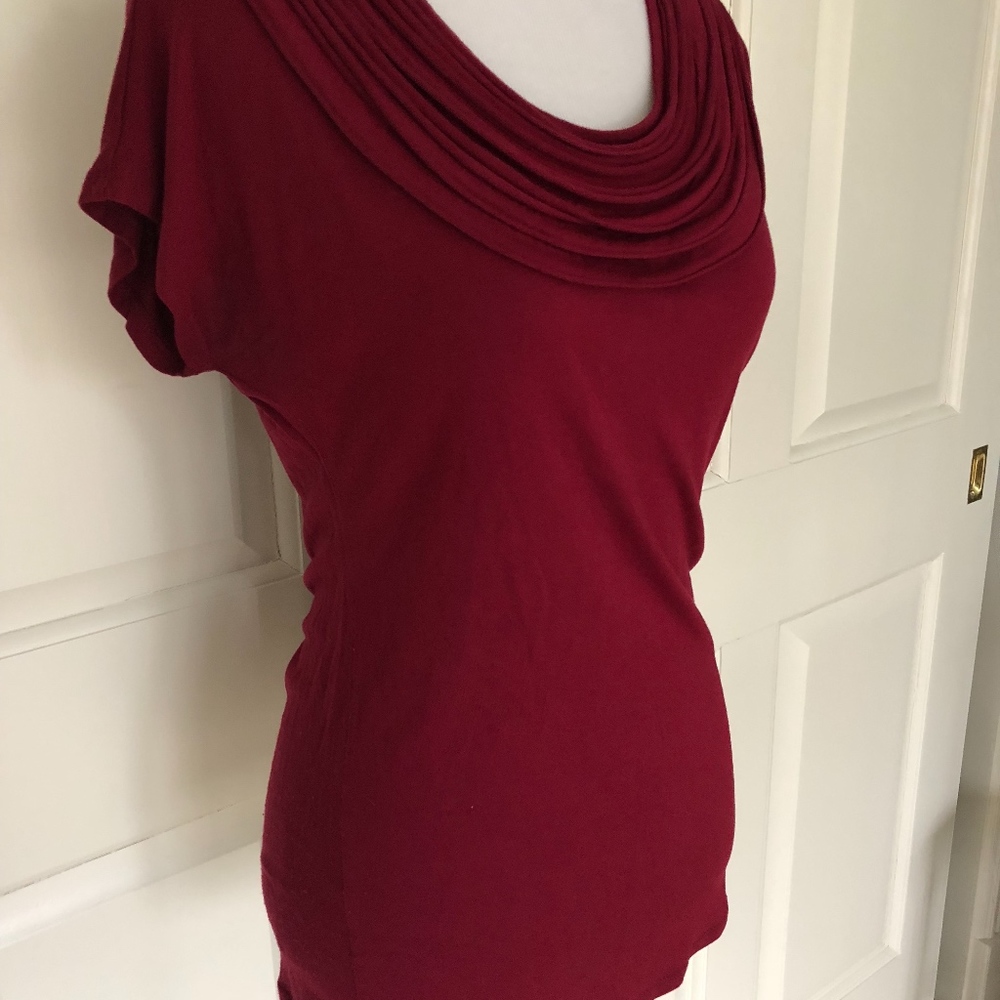 Ruby Red Stretch Knit Blouse Ruching - image 3
